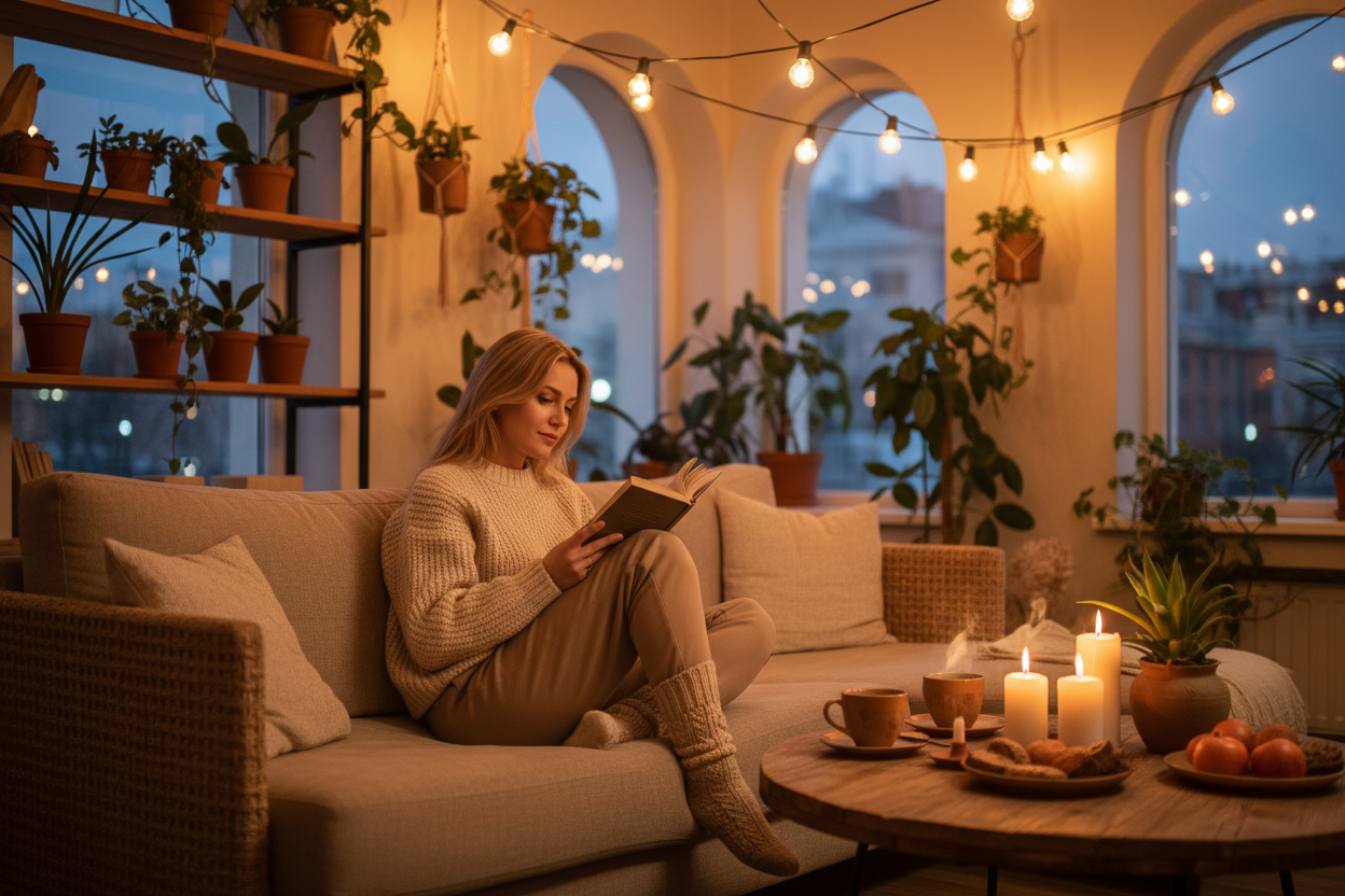 Fotografia Realista 8K - Garota lendo em ambiente cozy